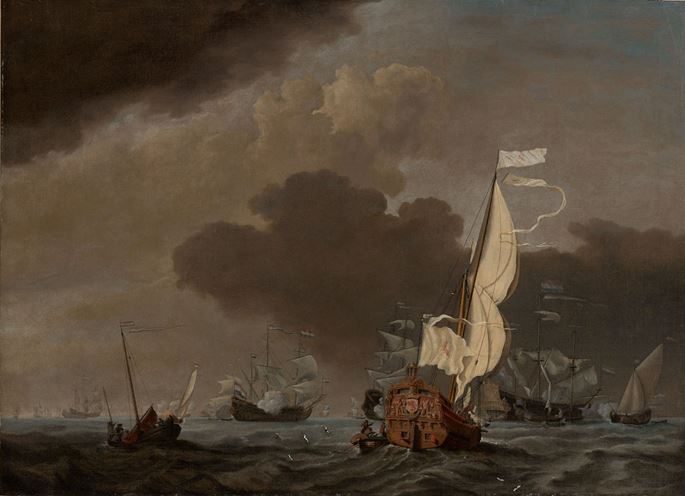 Studio of Willem van de Velde the Younger - A States Yacht running towards a group of Dutch ships | MasterArt